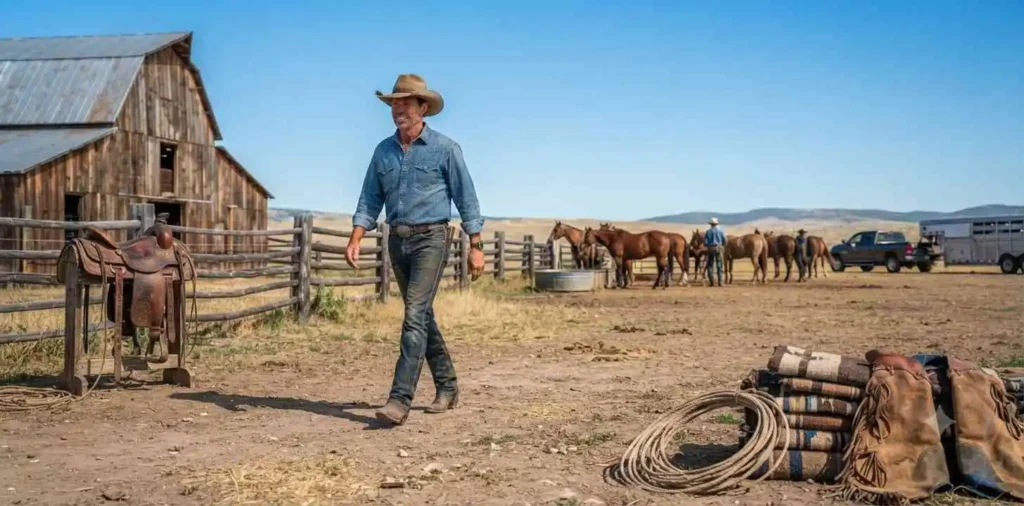 Cowboy walking through a rustic ranch