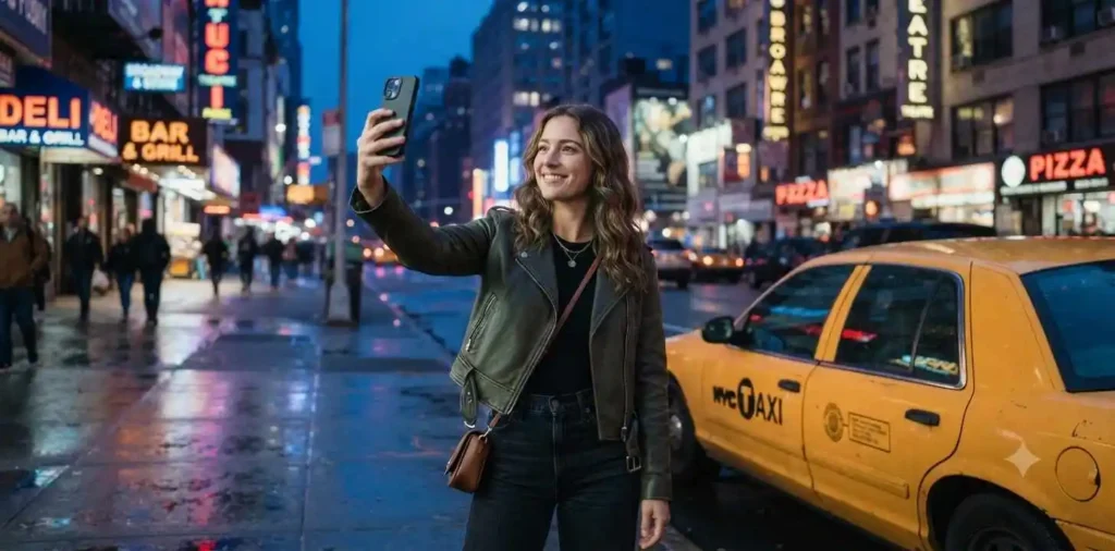 Traveler taking a selfie beside a yellow taxi