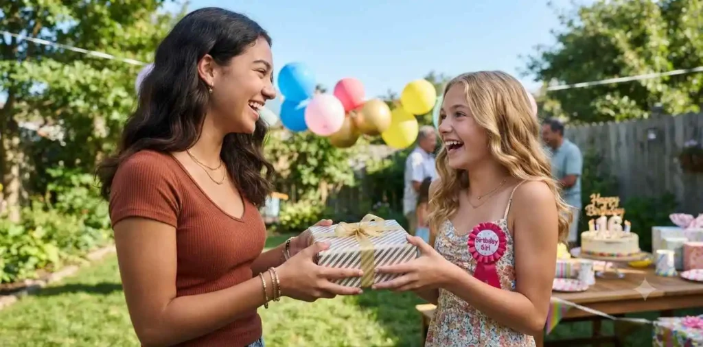 Older sister surprising younger sister with birthday gift