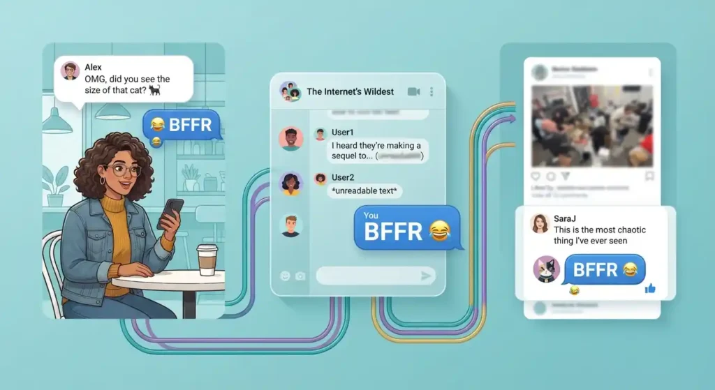 BFFR appearing in text messages, a group chat, and social media comments