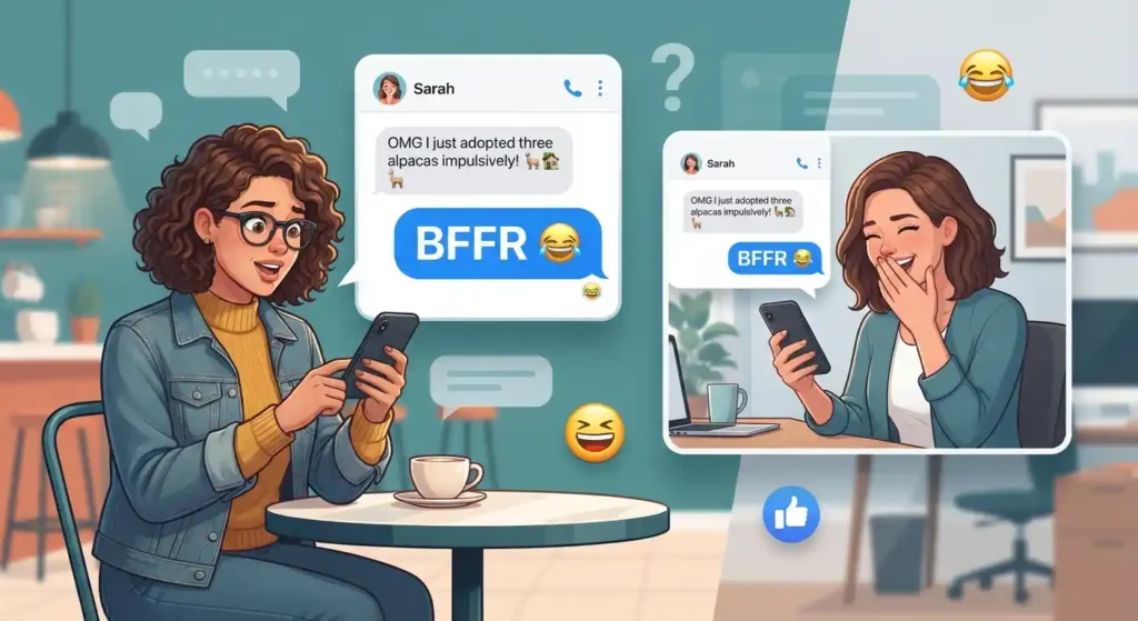 Two friends using BFFR as a playful reaction in a text conversation