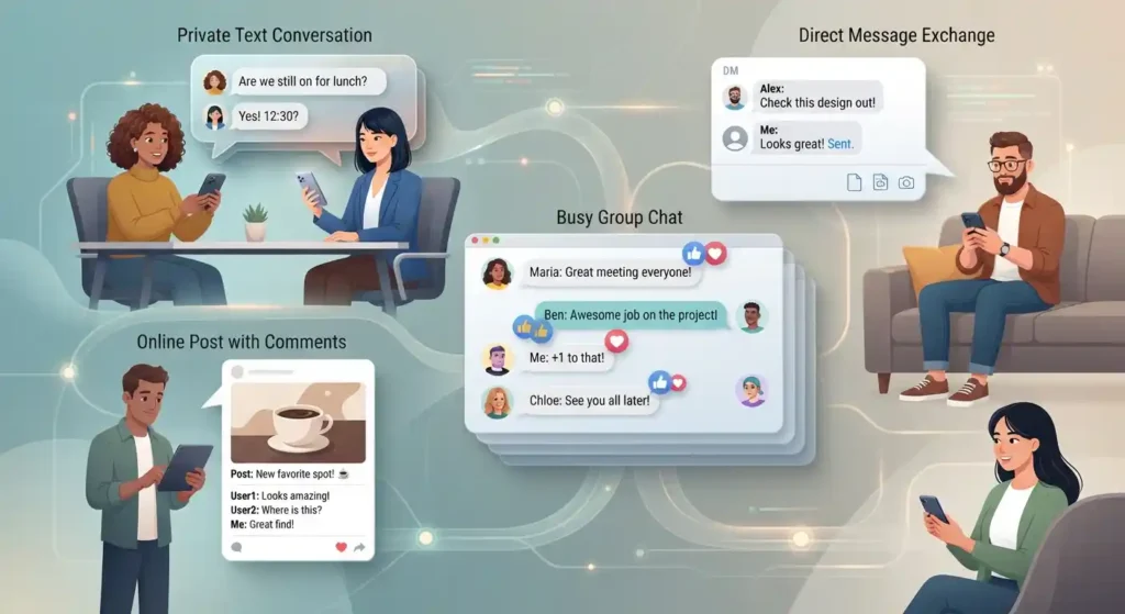 Adults using reactions, messages, comments, and replies across different online communication settings.