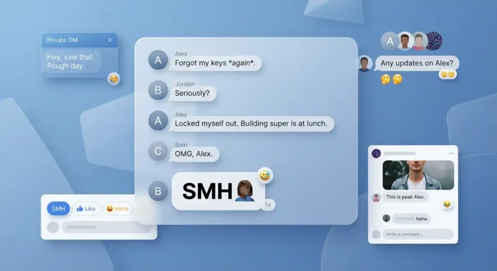 Digital messaging conversations showing SMH used as a quick reaction in chats and online communication.