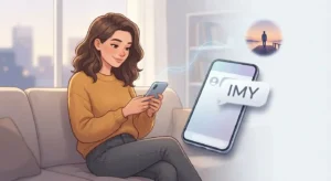 Person reading an IMY message on a smartphone, representing the phrase “I miss you.”