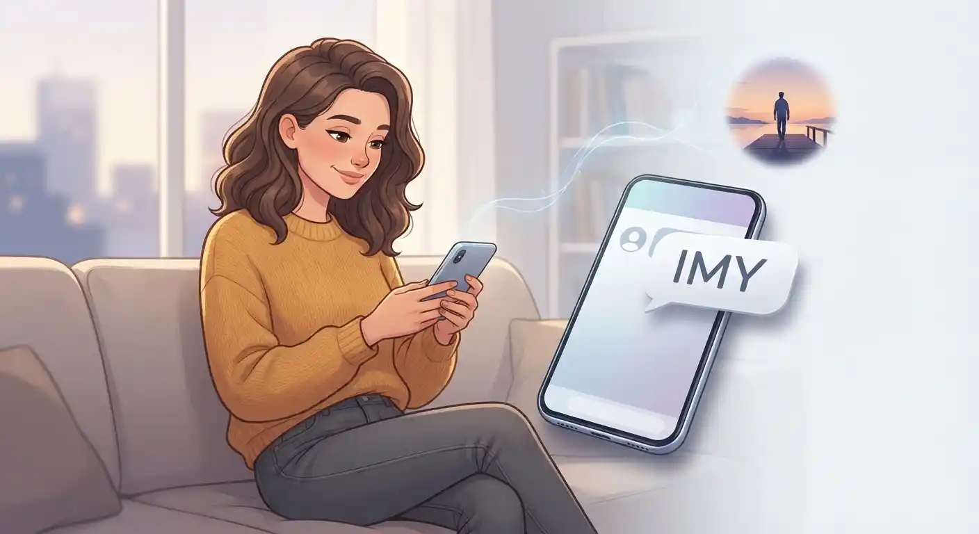Person reading an IMY message on a smartphone, representing the phrase “I miss you.”