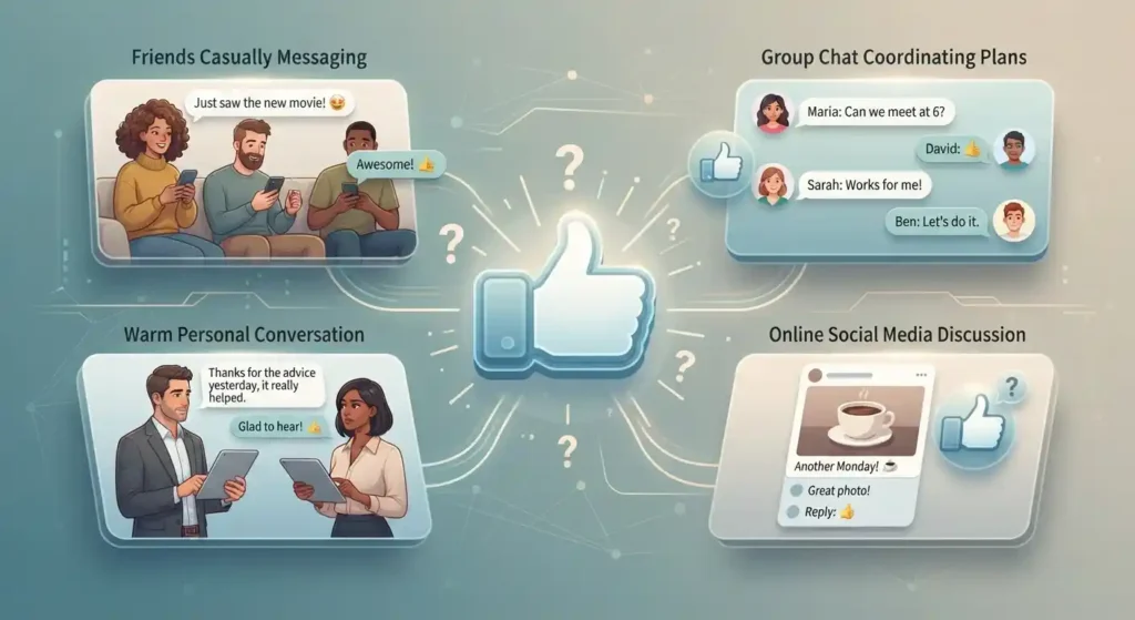 Illustration showing online reactions used differently in friend chats, group conversations, personal messages, and social media.