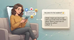 Illustration showing a smartphone message with emoji reactions and a separate written reply.