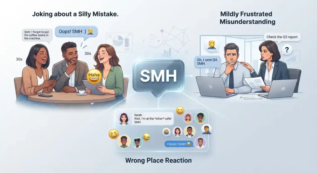 Different digital conversations showing SMH used playfully, with frustration, and as a humorous reaction.