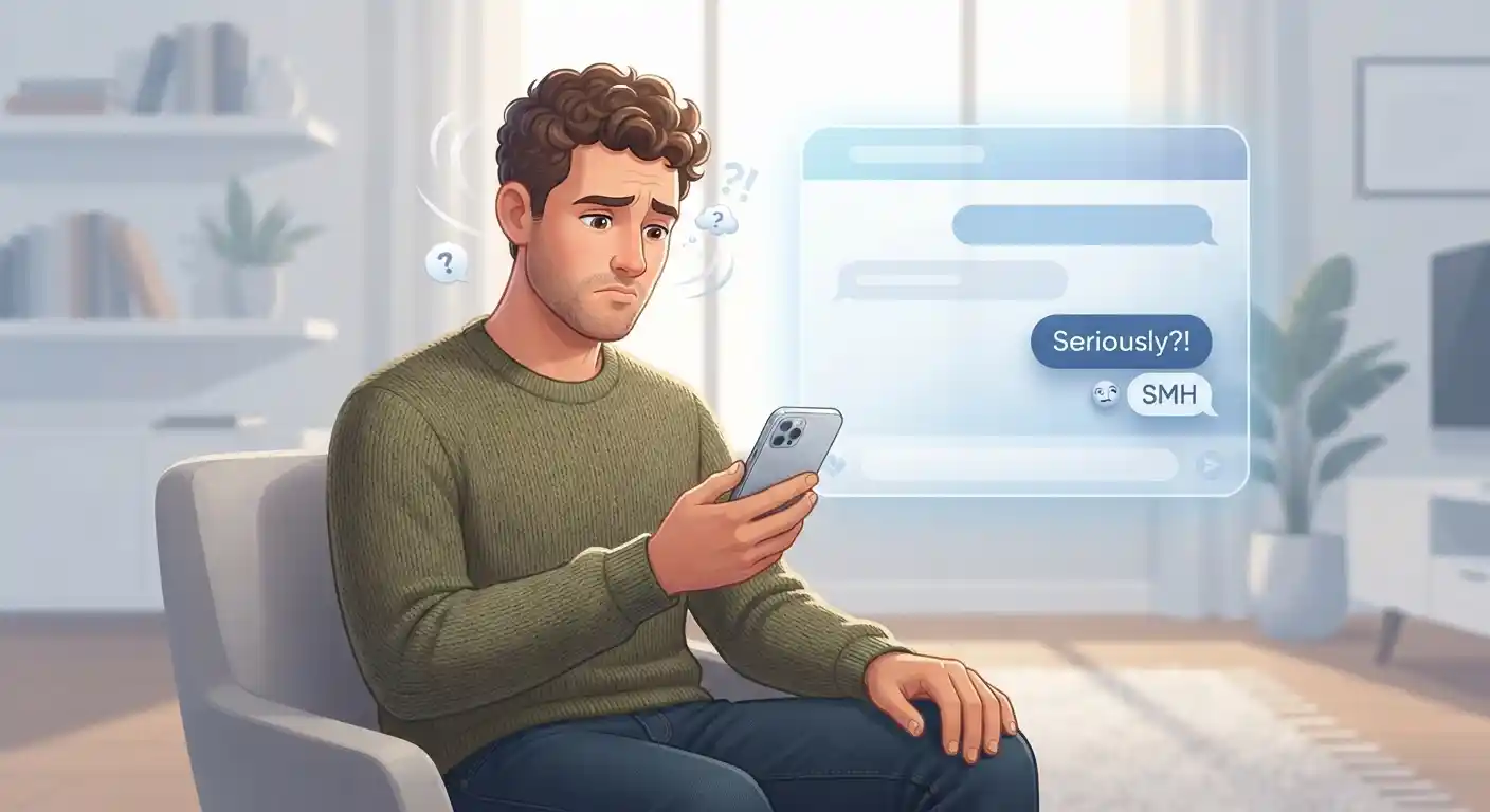 Adult reacting to a text message by shaking their head in disbelief.